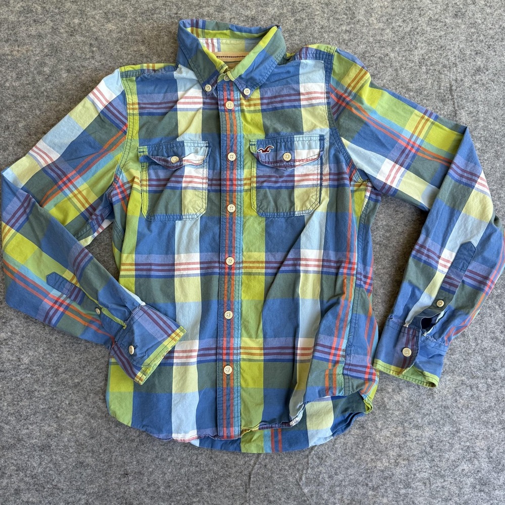 Hollister Shirt Mens L Blue Green Plaid Button Down Casual Long Sleeve Logo Y2K